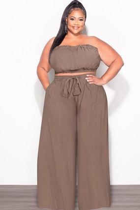 Final Sale Plus Size 2pc Strapless Crop Top and Flare Pants Set In Mocha Brown TouchscreenCompatiblePockets Mesh Comfort