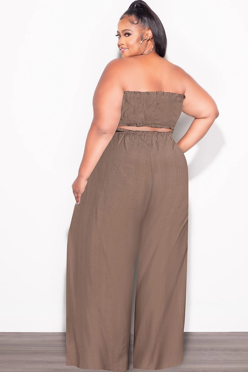 ComfortFit Slim Wear Design Final Sale Plus Size 2pc Strapless Crop Top and Flare Pants Set In Mocha Brown
