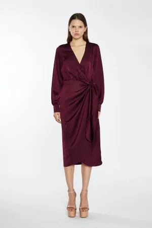 Deep Burgundy Satin Long-Sleeve Wrap Midi-Dress