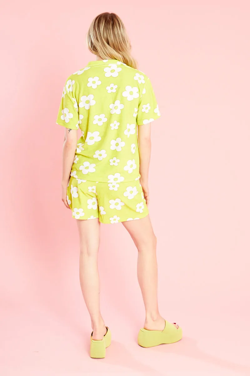 Delilah Towelling Shorts - Green Stretch Woven Material High Collar Design