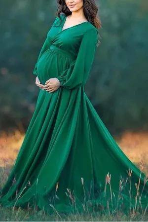 Designarche Maternity Fashion Solid Color V-neck Chiffon Dress