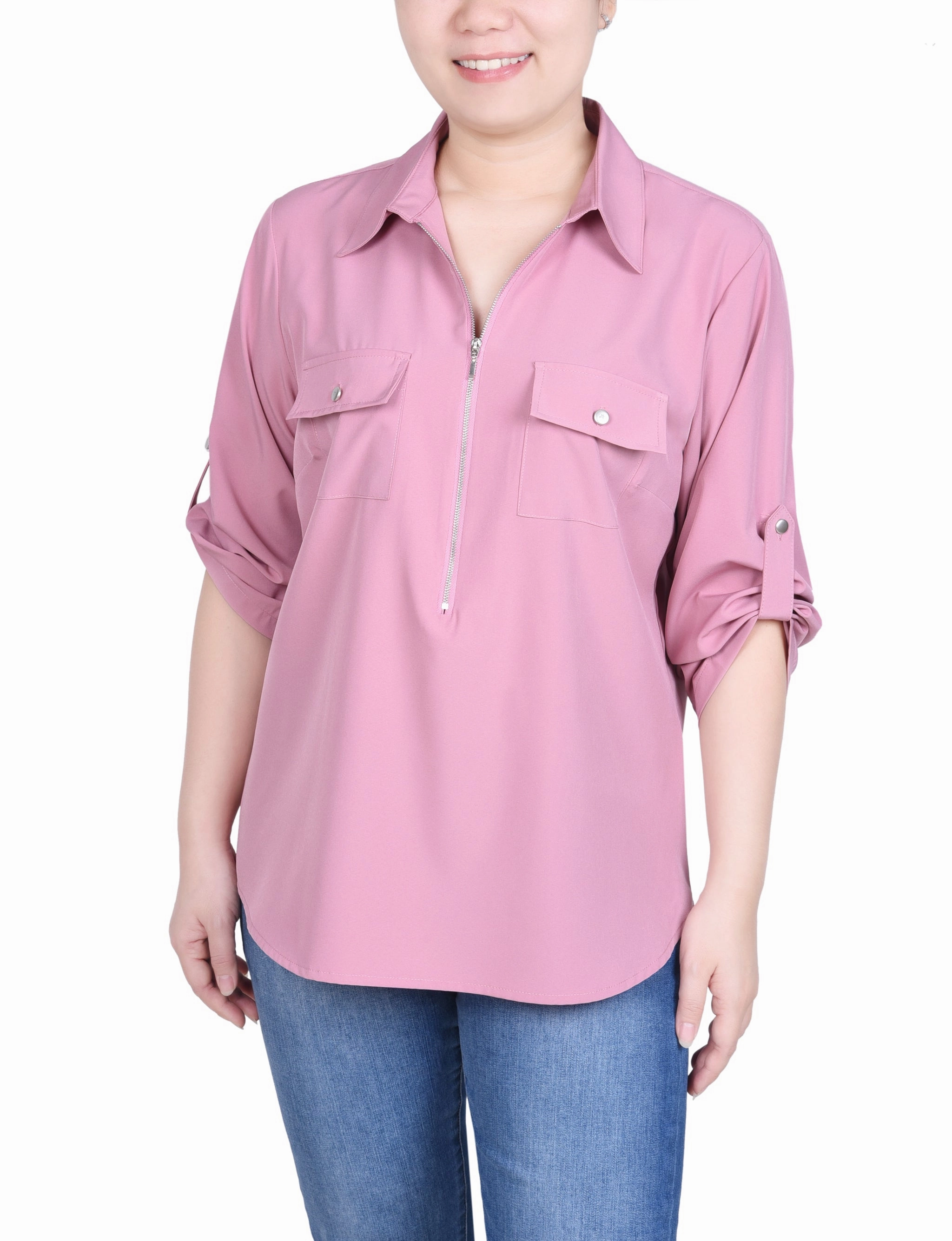 Petite 3/4 Roll Tab Sleeve Zip Front Blouse Basic Long Sleeve Softened Edges