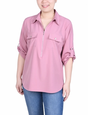 Petite 3/4 Roll Tab Sleeve Zip Front Blouse NonChafe Lining Linen Blend Fabric