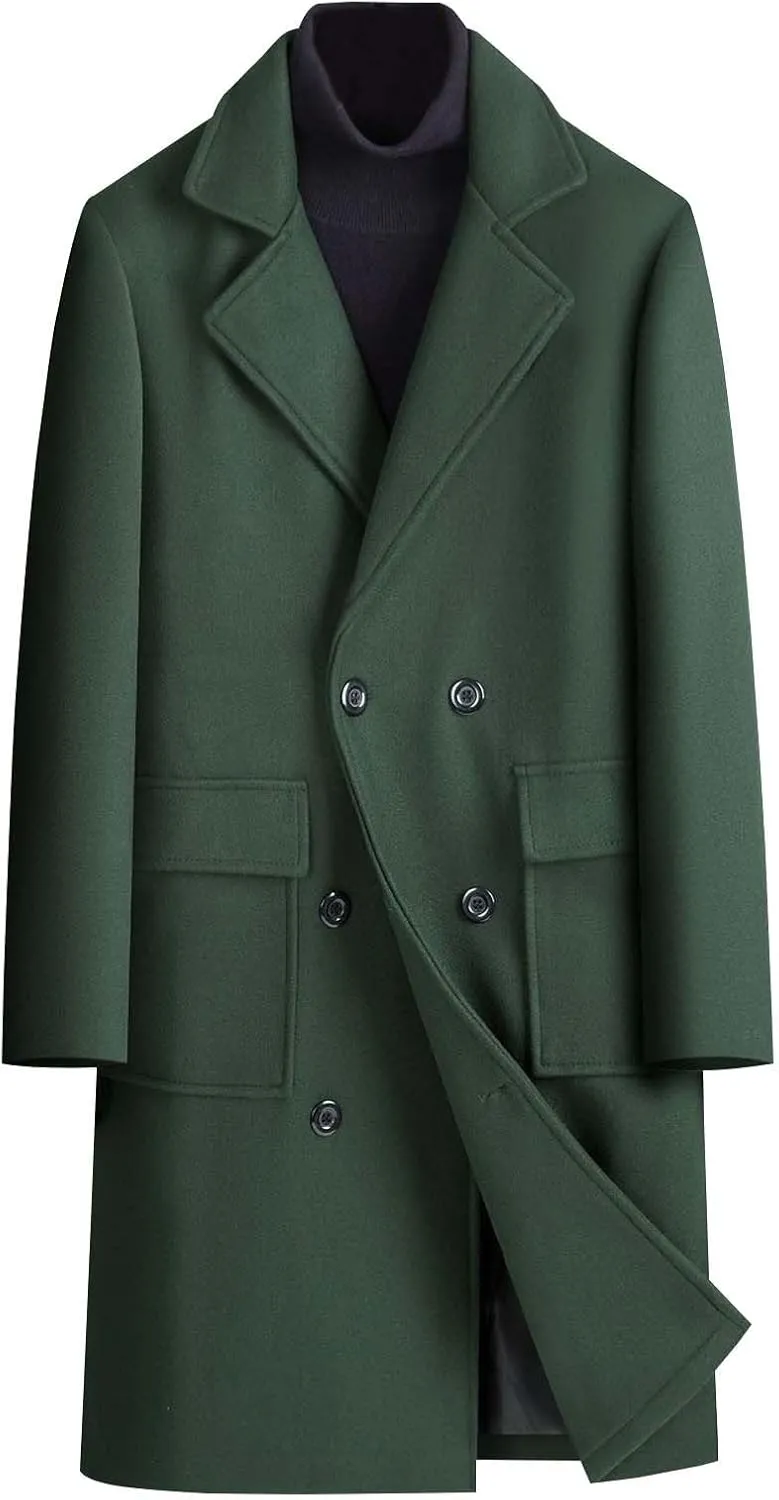 Dgoopd Mens Trench Coat Wool Blend Long Coat Double Breasted Coat Notch Lapel Jacket Fashion Peacoat Winter Overcoat