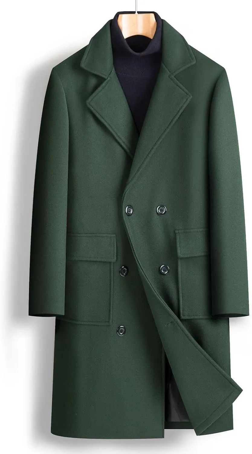 Dgoopd Mens Trench Coat Wool Blend Long Coat Double Breasted Coat Notch Lapel Jacket Fashion Peacoat Winter Overcoat