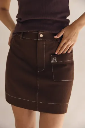 Dakoda Denim Mini Skirt (Chocolate) Smooth Picnic Style Perfect For Daily