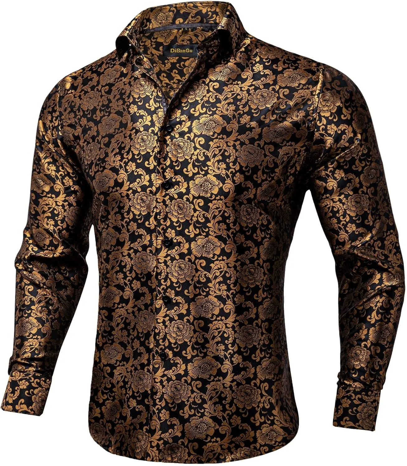 DiBanGu Mens Silk Paisley Dress Shirts,Long Sleeve Button Down Shirt Casual Regular Fit Shirt for Men Wedding Party