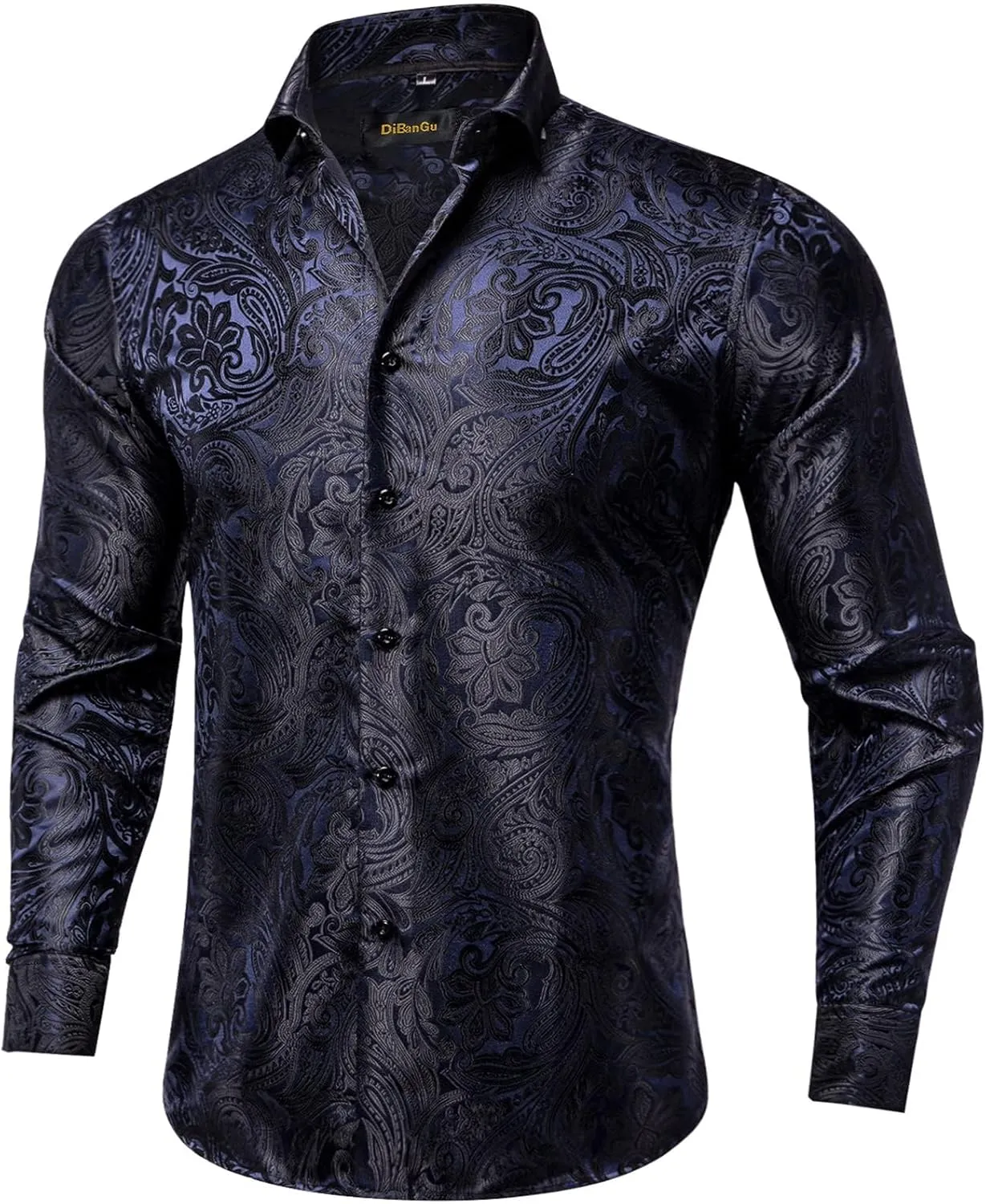 DiBanGu Mens Silk Paisley Dress Shirts,Long Sleeve Button Down Shirt Casual Regular Fit Shirt for Men Wedding Party