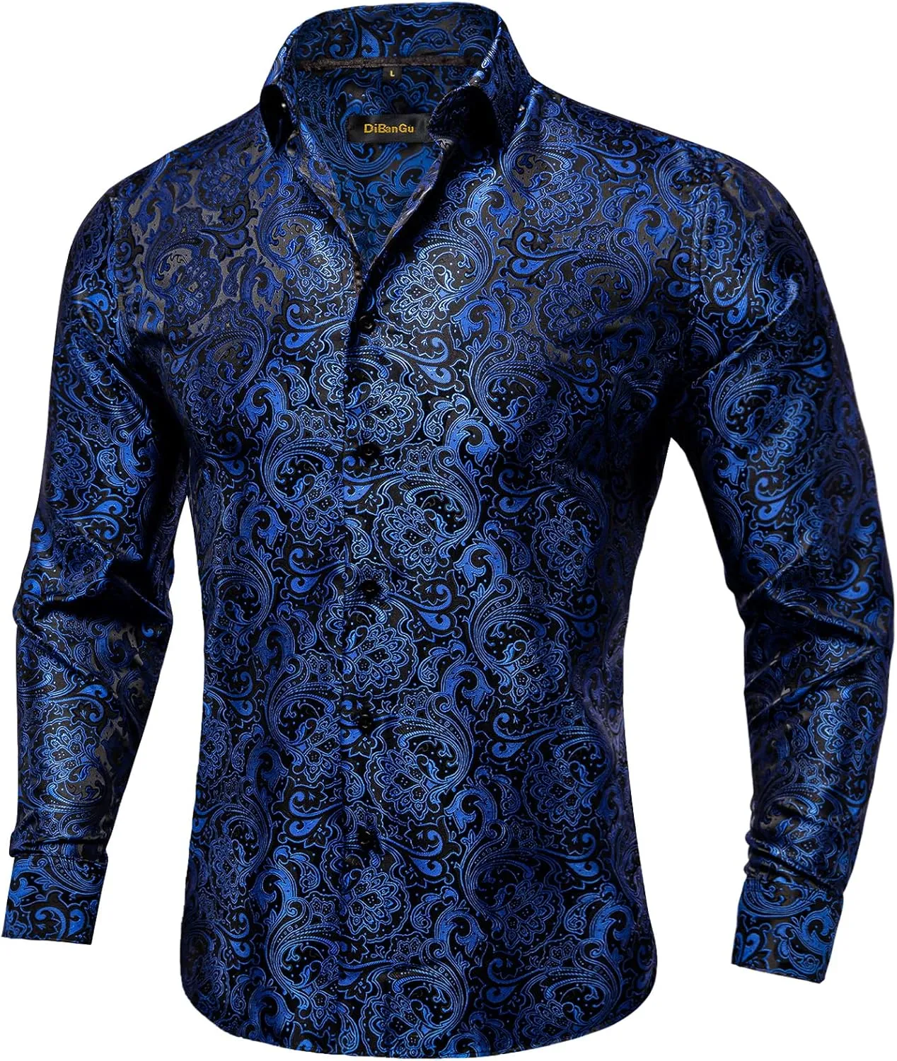 DiBanGu Mens Silk Paisley Dress Shirts,Long Sleeve Button Down Shirt Casual Regular Fit Shirt for Men Wedding Party