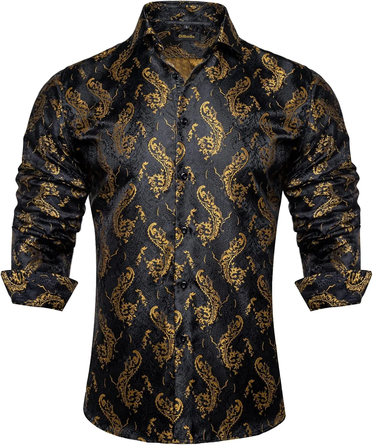 DiBanGu Mens Silk Paisley Dress Shirts,Long Sleeve Button Down Shirt Casual Regular Fit Shirt for Men Wedding Party