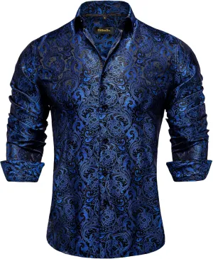 DiBanGu Mens Silk Paisley Dress Shirts,Long Sleeve Button Down Shirt Casual Regular Fit Shirt for Men Wedding Party
