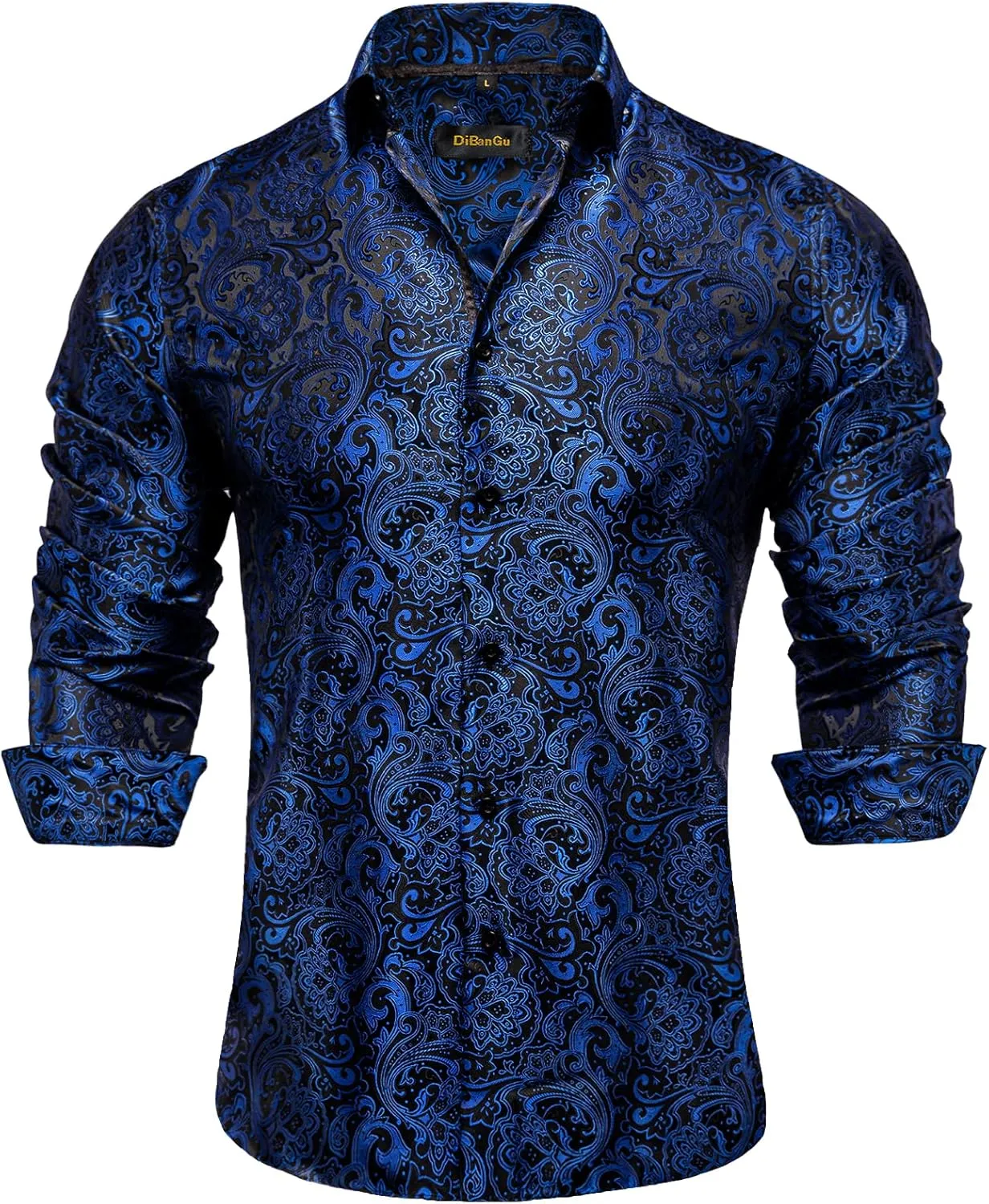 DiBanGu Mens Silk Paisley Dress Shirts,Long Sleeve Button Down Shirt Casual Regular Fit Shirt for Men Wedding Party