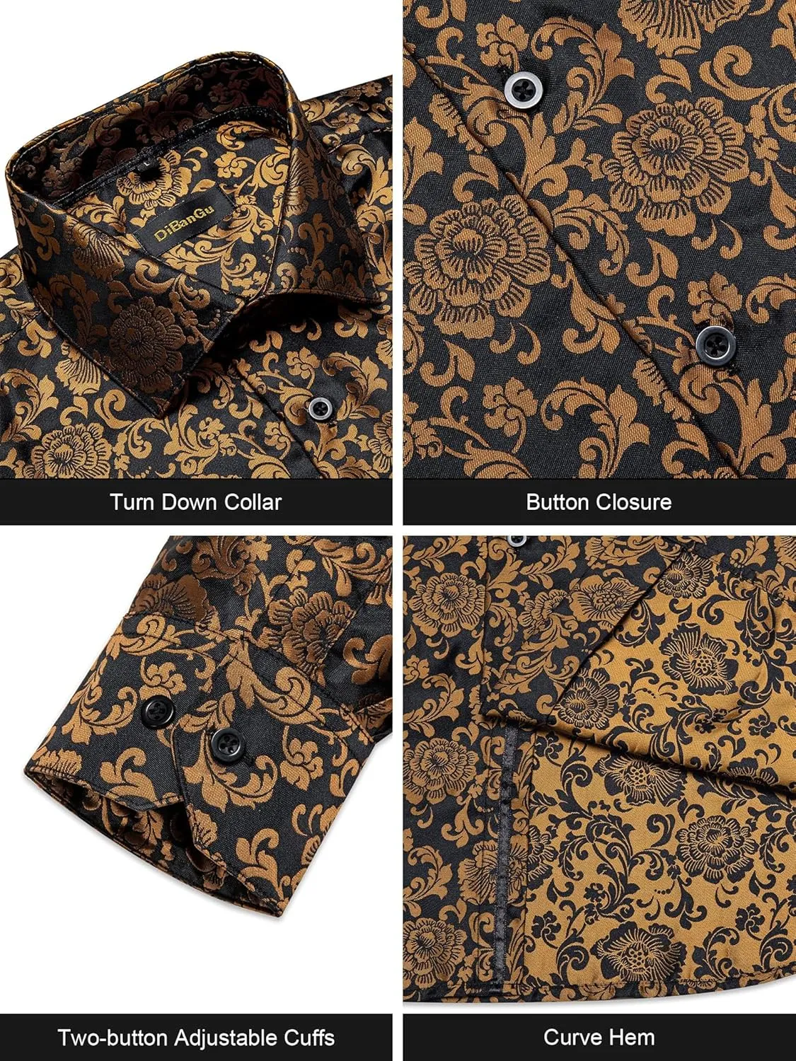 DiBanGu Mens Silk Paisley Dress Shirts,Long Sleeve Button Down Shirt Casual Regular Fit Shirt for Men Wedding Party