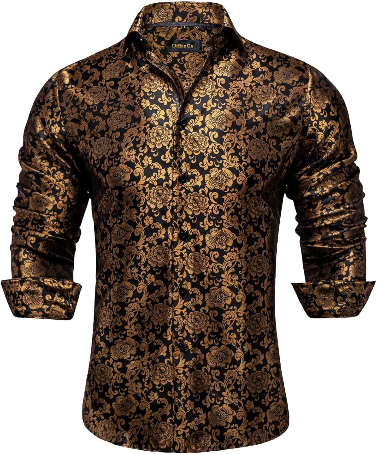 DiBanGu Mens Silk Paisley Dress Shirts,Long Sleeve Button Down Shirt Casual Regular Fit Shirt for Men Wedding Party