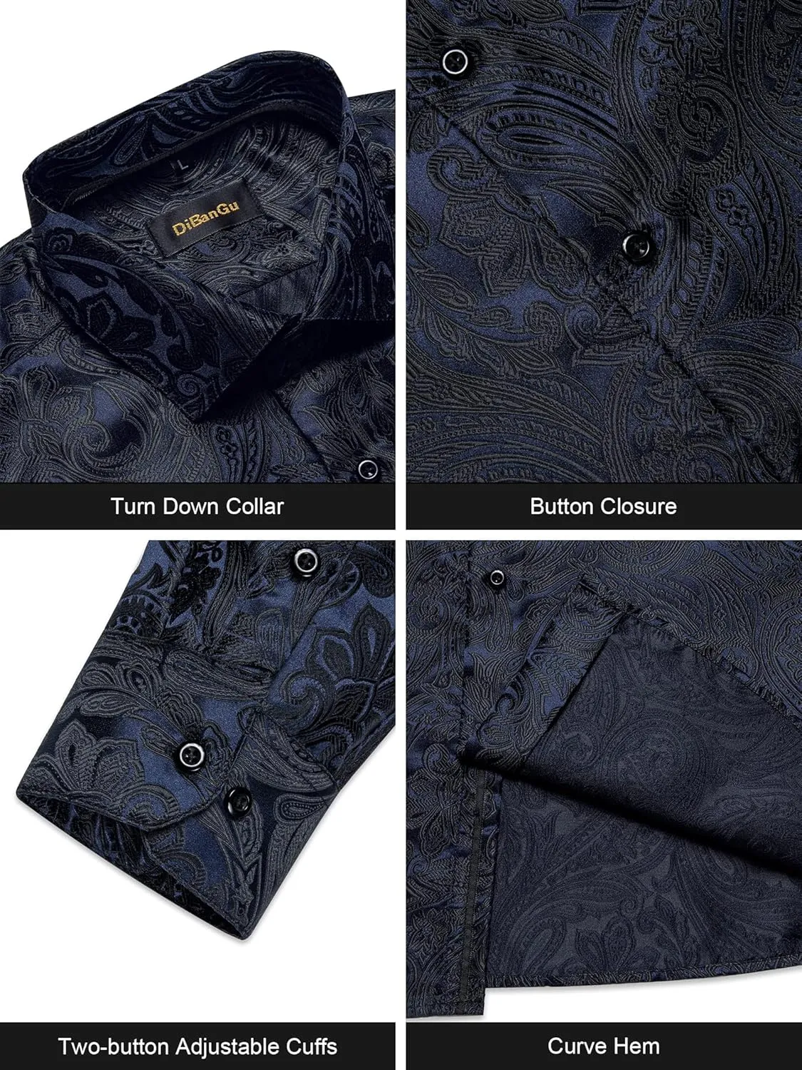 DiBanGu Mens Silk Paisley Dress Shirts,Long Sleeve Button Down Shirt Casual Regular Fit Shirt for Men Wedding Party