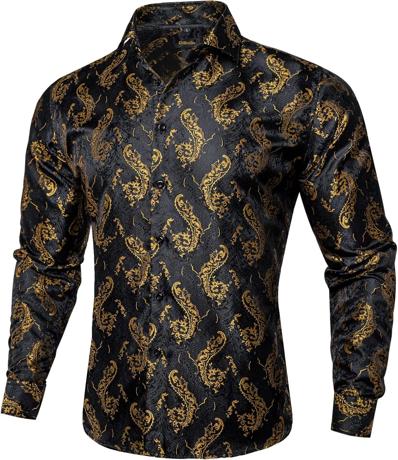 DiBanGu Mens Silk Paisley Dress Shirts,Long Sleeve Button Down Shirt Casual Regular Fit Shirt for Men Wedding Party