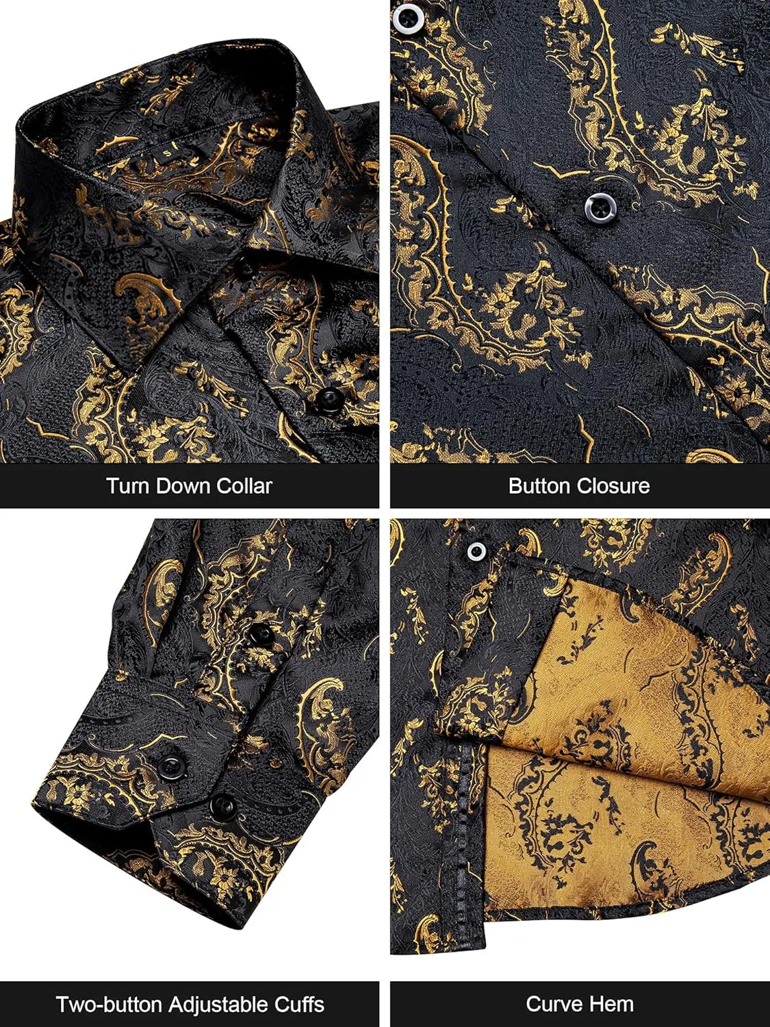 DiBanGu Mens Silk Paisley Dress Shirts,Long Sleeve Button Down Shirt Casual Regular Fit Shirt for Men Wedding Party