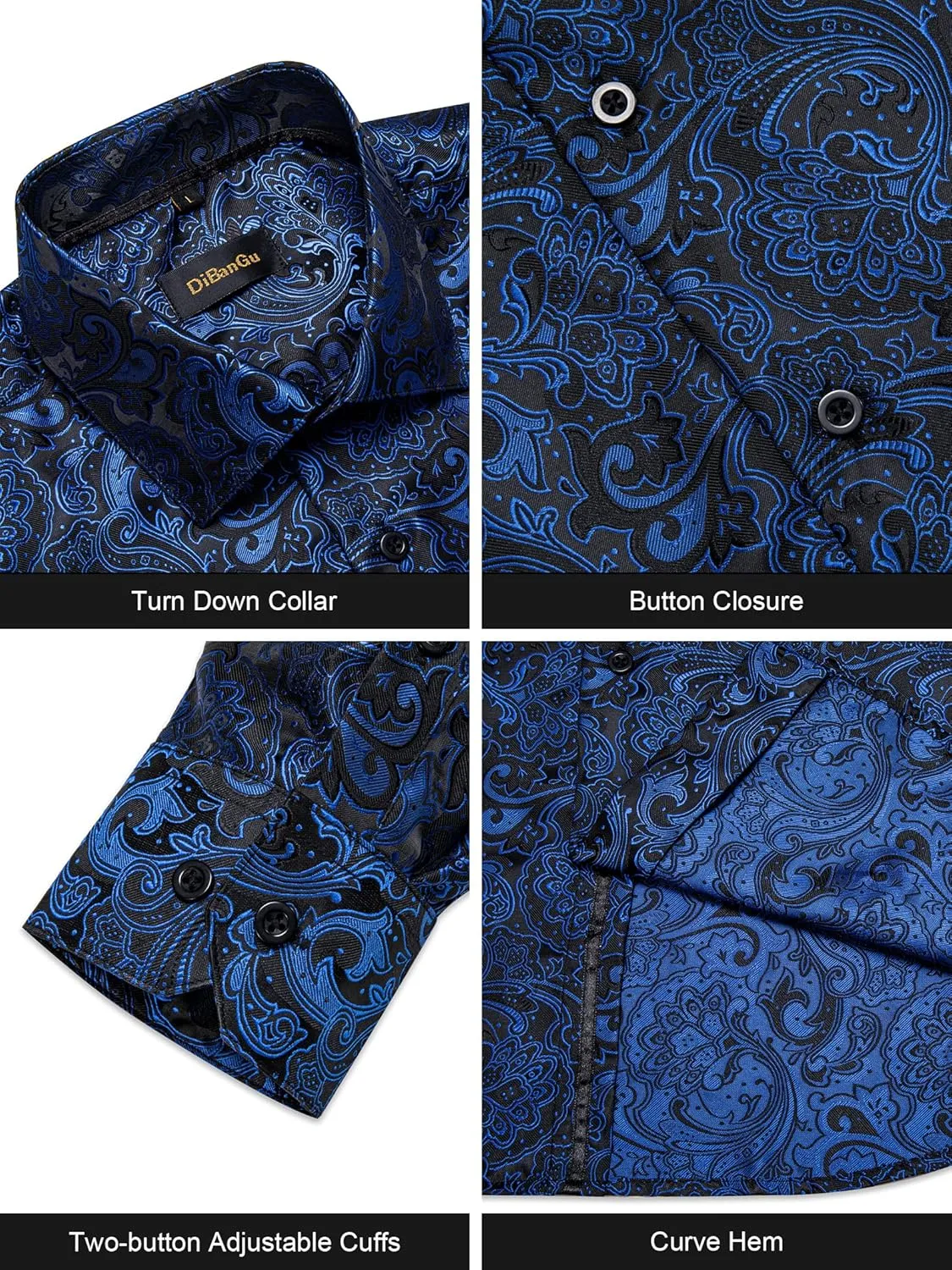 DiBanGu Mens Silk Paisley Dress Shirts,Long Sleeve Button Down Shirt Casual Regular Fit Shirt for Men Wedding Party