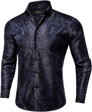 DiBanGu Mens Silk Paisley Dress Shirts,Long Sleeve Button Down Shirt Casual Regular Fit Shirt for Men Wedding Party