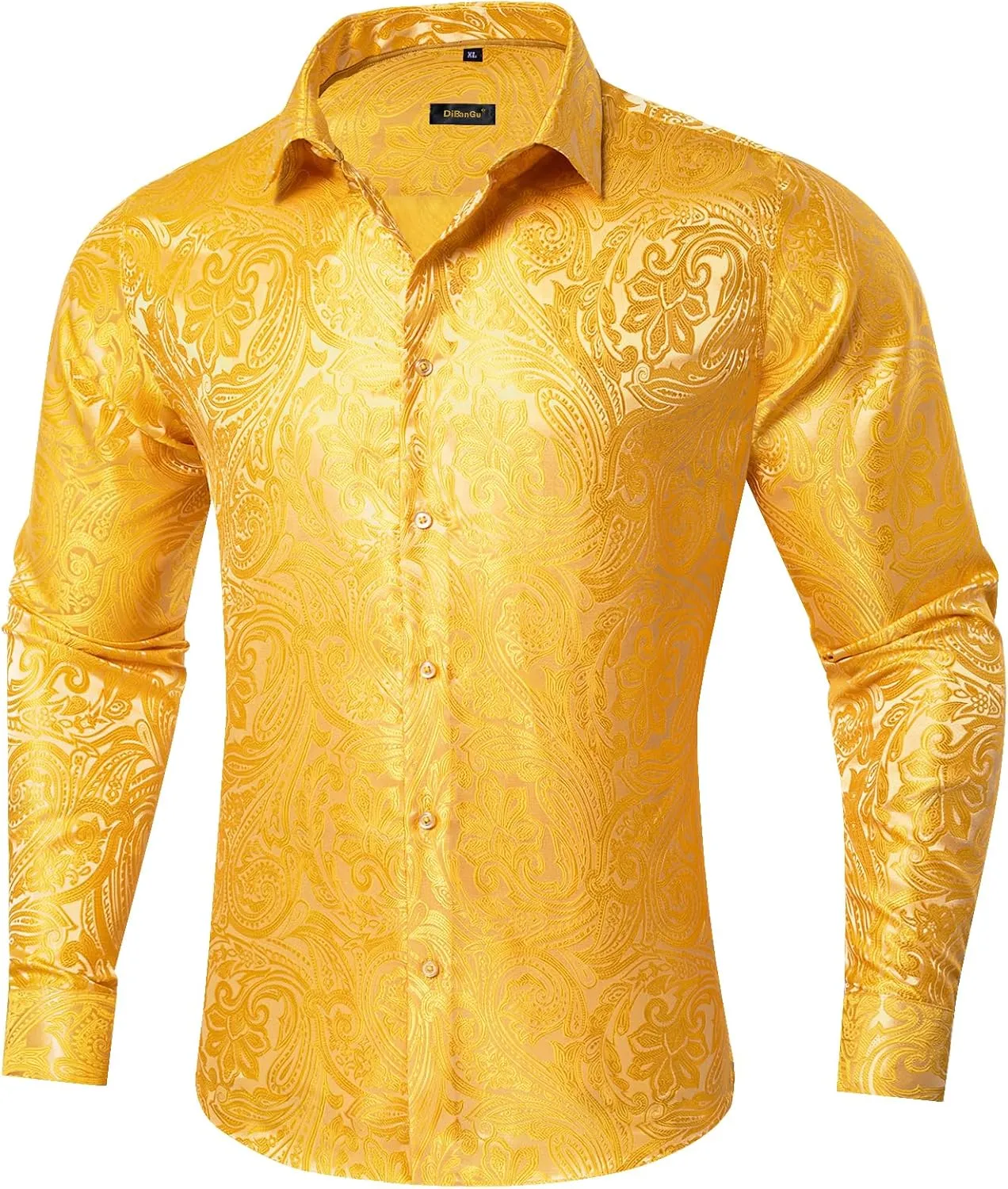 DiBanGu Silk Paisley Dress Shirts for Men Long Sleeve Button Down Shirt Casual Regular Fit Mens Shirts Wedding Party