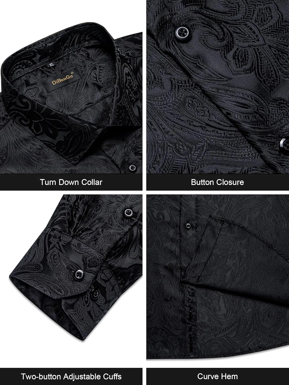 DiBanGu Silk Paisley Dress Shirts for Men Long Sleeve Button Down Shirt Casual Regular Fit Mens Shirts Wedding Party