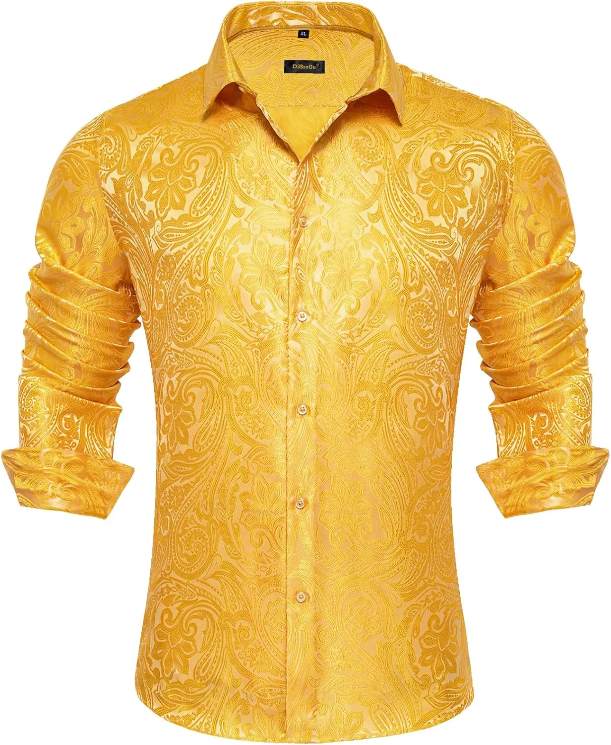 DiBanGu Silk Paisley Dress Shirts for Men Long Sleeve Button Down Shirt Casual Regular Fit Mens Shirts Wedding Party
