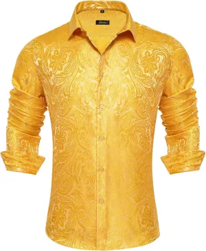 DiBanGu Silk Paisley Dress Shirts for Men Long Sleeve Button Down Shirt Casual Regular Fit Mens Shirts Wedding Party