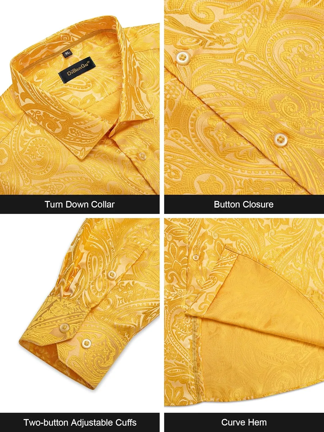 DiBanGu Silk Paisley Dress Shirts for Men Long Sleeve Button Down Shirt Casual Regular Fit Mens Shirts Wedding Party