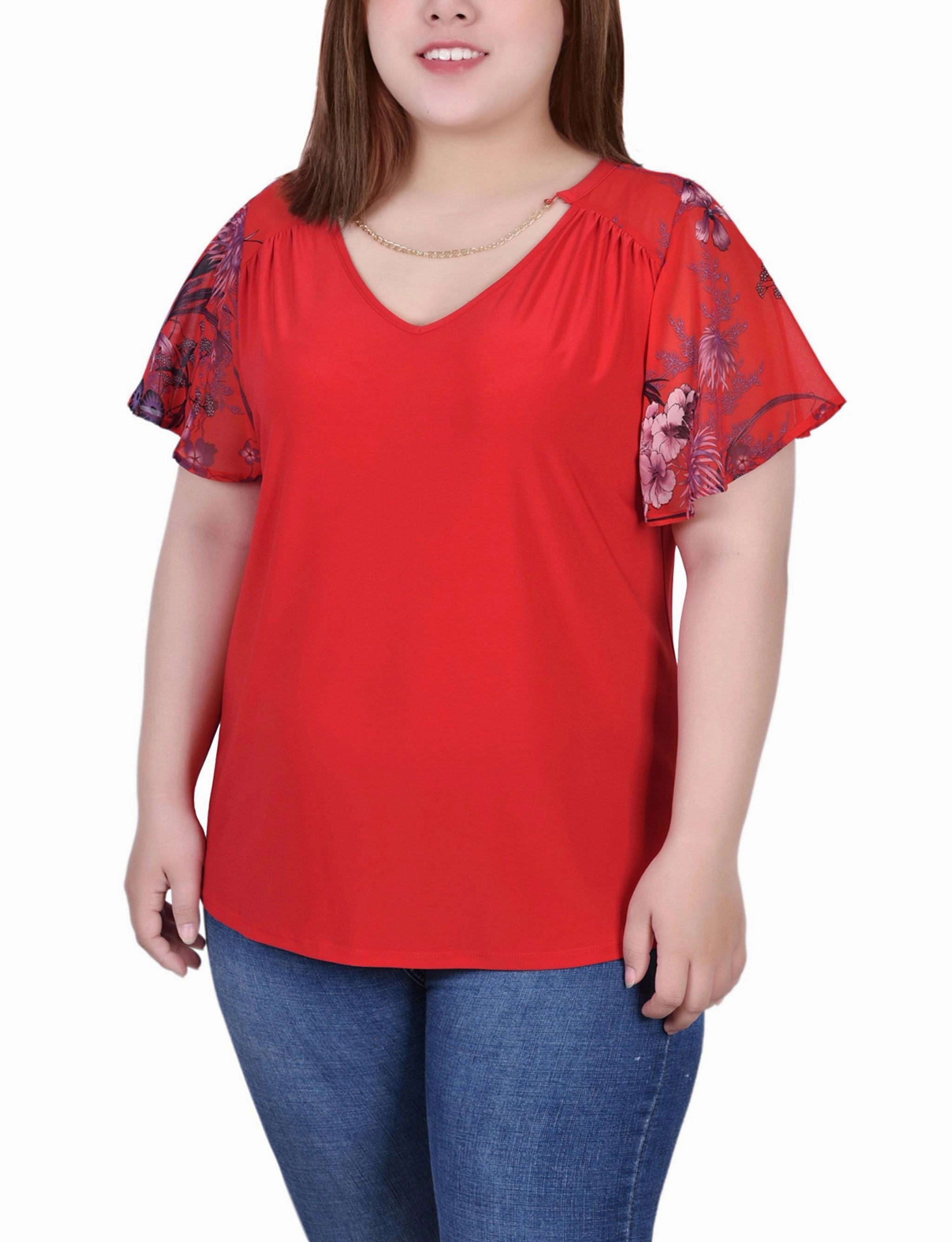 Plus Size Combo Chiffon-Sleeve V Neck Top MinimalistDesign HighNeckline