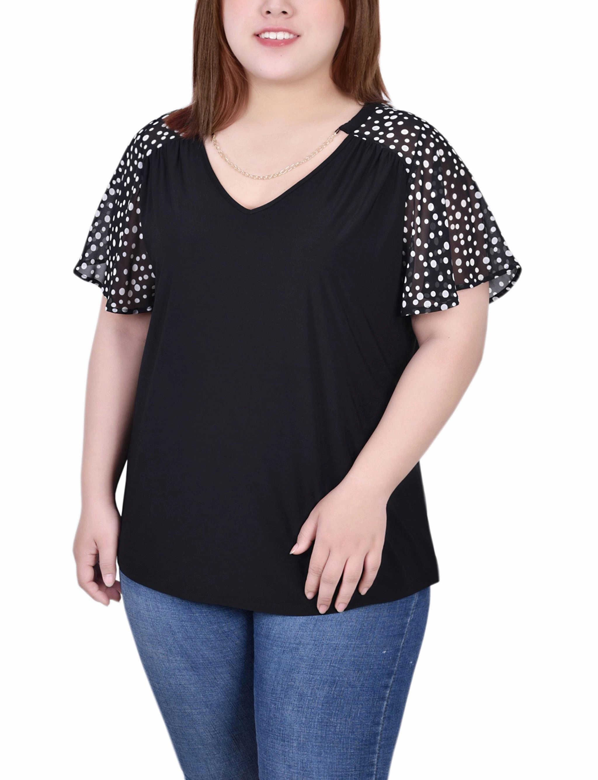 SunProtective AbrasionResistant Fabric Plus Size Combo Chiffon-Sleeve V Neck Top