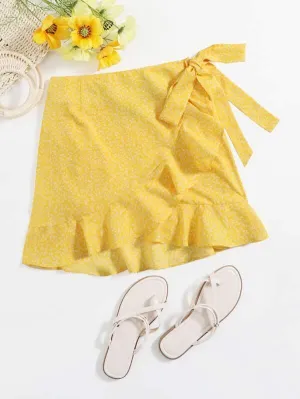 Ditsy Floral Wrap Tie Side Ruffle Hem Skirt