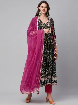 Divena Black Bandhani Print Anarkali Kurta Pant set with Dupatta