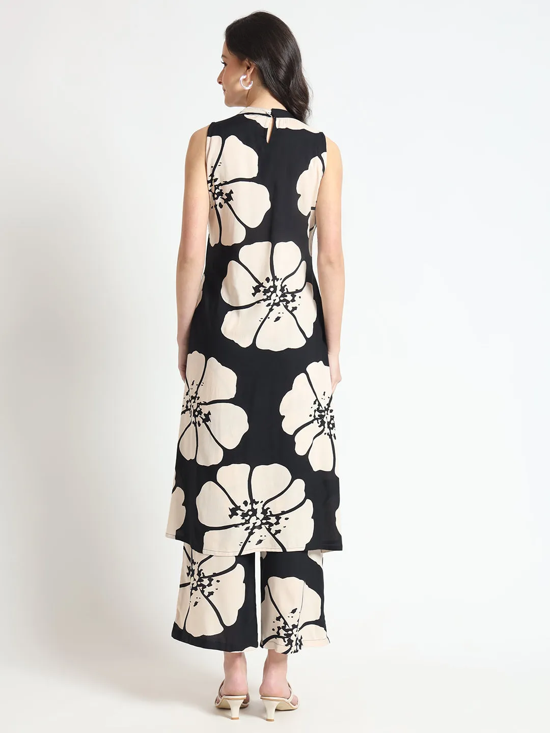 Divena Black Floral Print Rayon Fabric Straight Kurta with Pant