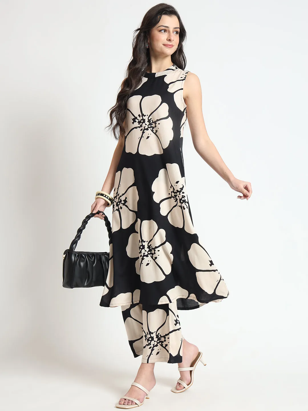 Divena Black Floral Print Rayon Fabric Straight Kurta with Pant