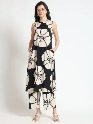 Divena Black Floral Print Rayon Fabric Straight Kurta with Pant