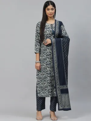 Divena Blue Ethnic Motif Muslin straight Kurta Pant Set with Dupatta
