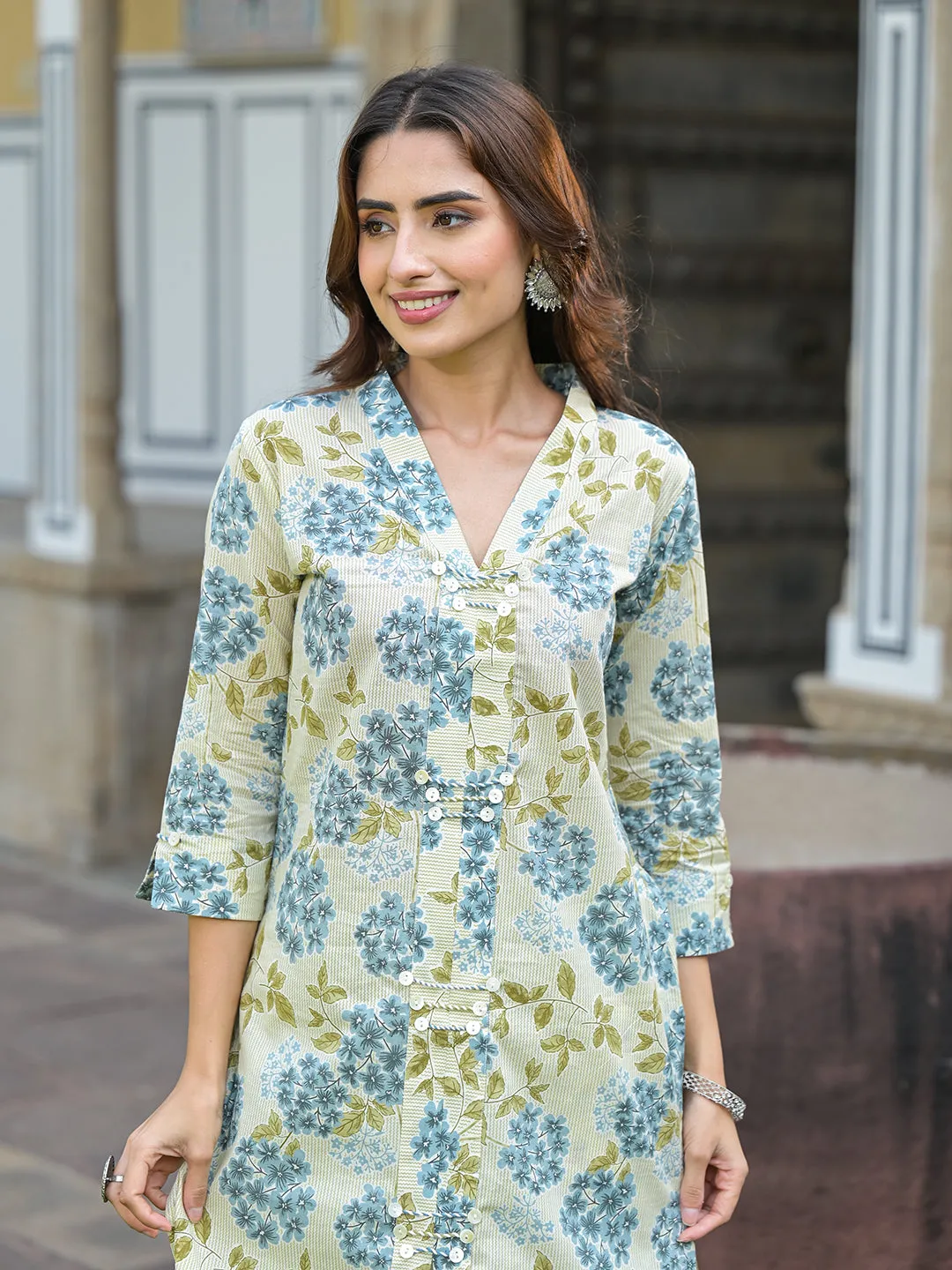 Divena Green Floral Print Pure Cotton Straight Kurta with Trouser