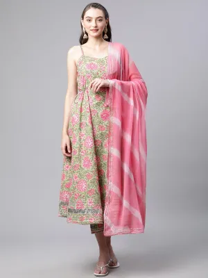 Divena Green Floral Printed Anarkali Kurta Pant Set with Dupatta