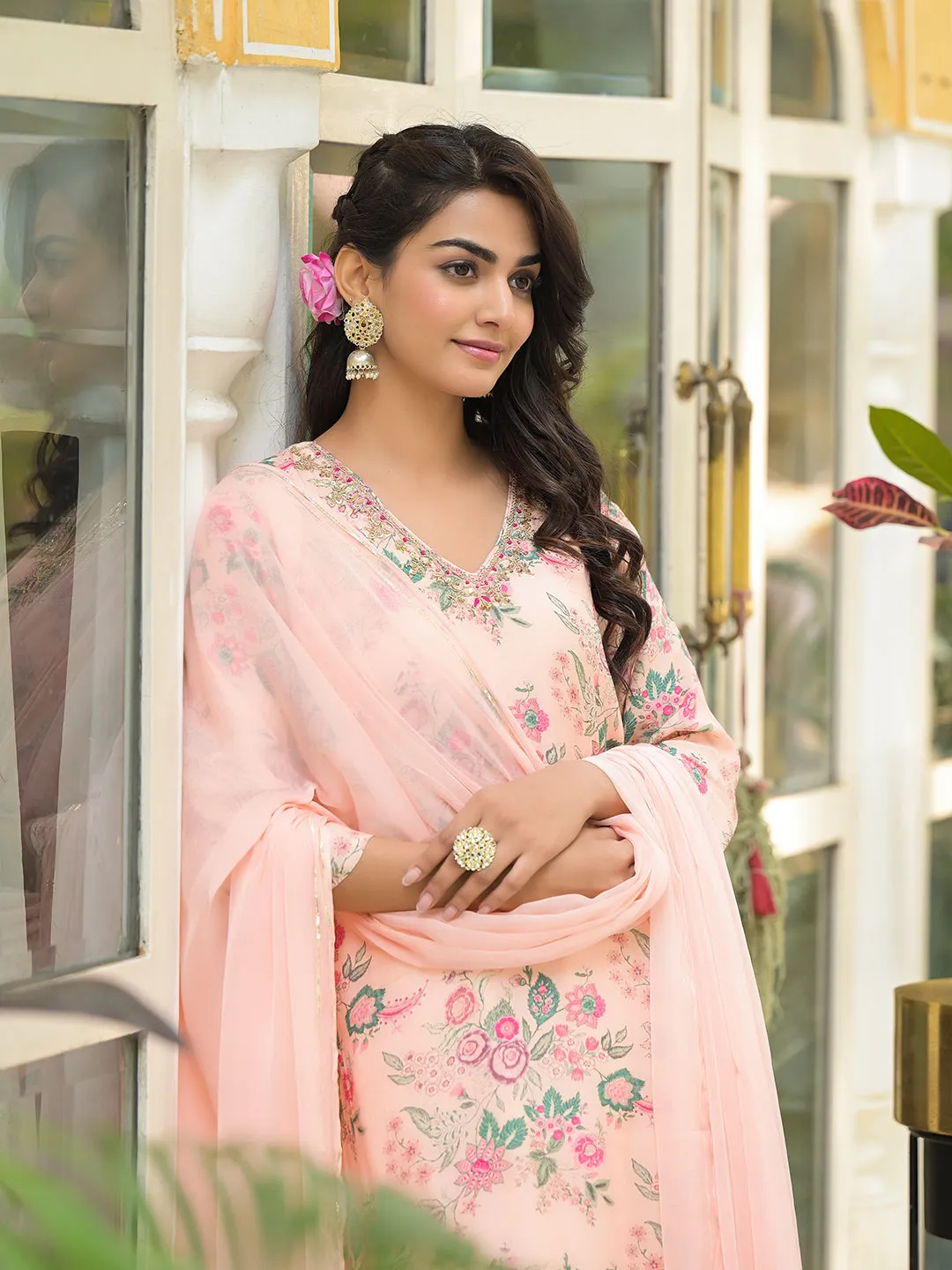 Divena Peach Floral Print Muslin Straight Kurta Set
