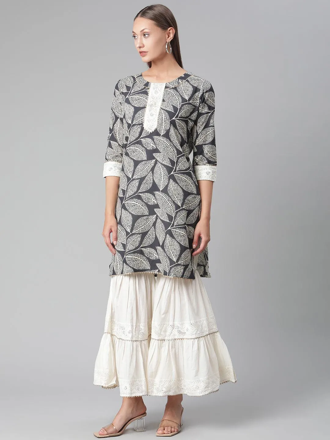 Divena Printred Cotton Kurta Set With Sharara And Dupatta