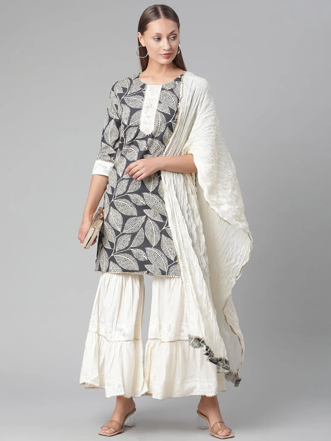 Divena Printred Cotton Kurta Set With Sharara And Dupatta