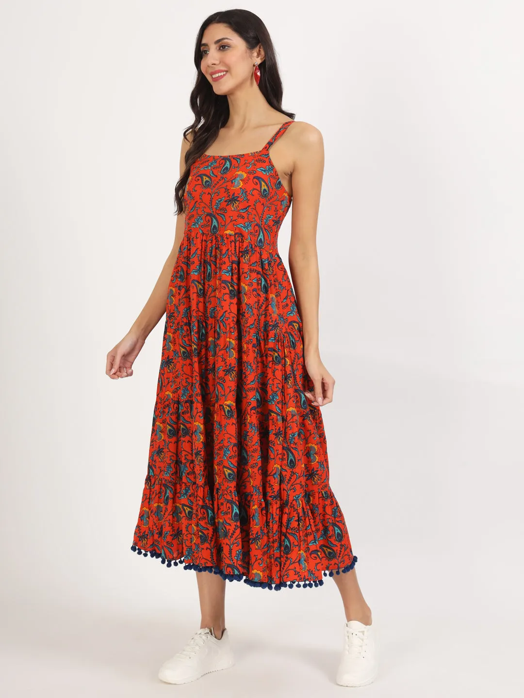 Divena Red Floral Printed Cotton Dress