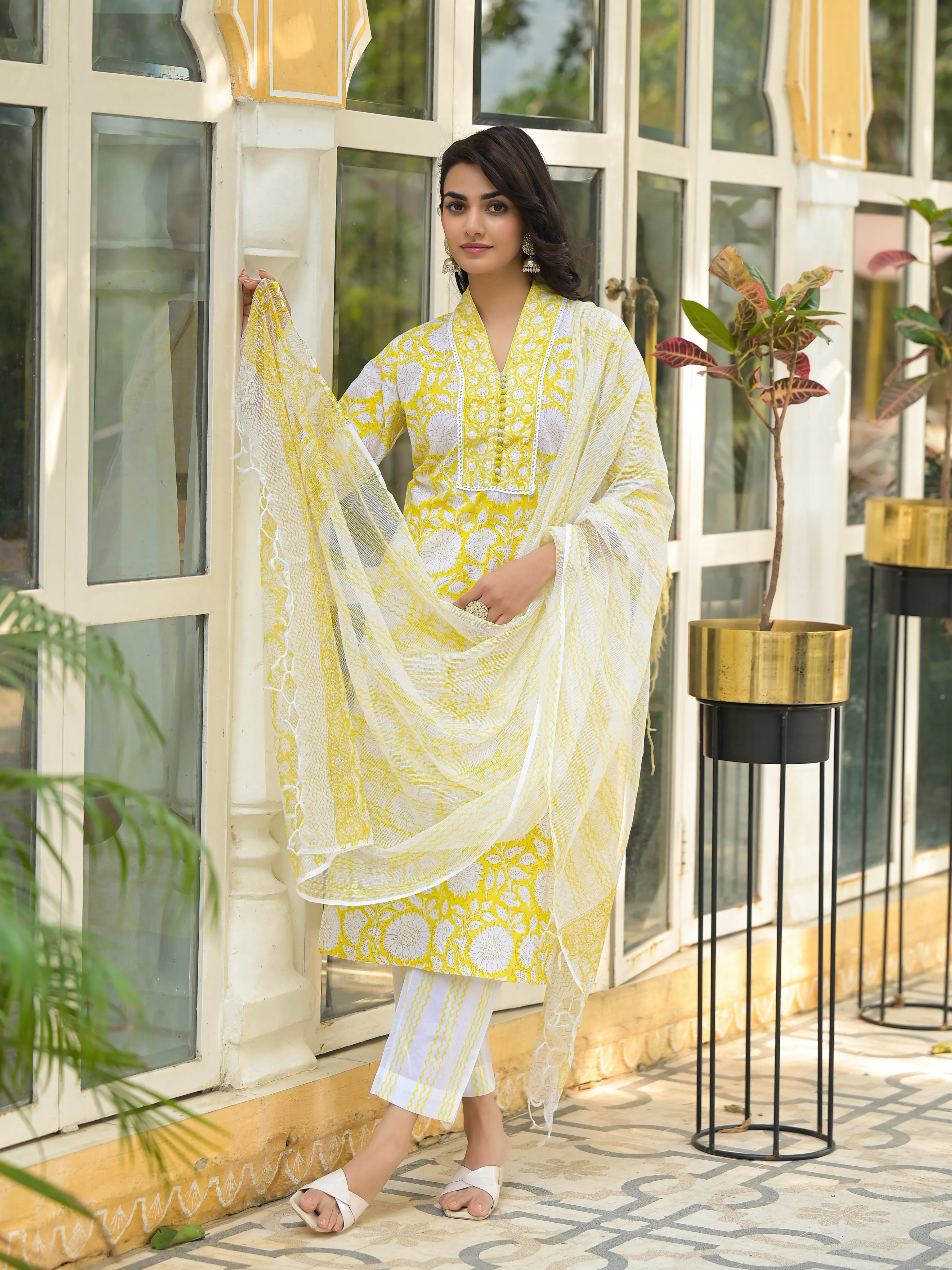 Divena Yellow Hand Block Print Pure Cotton Straight Kurta Set