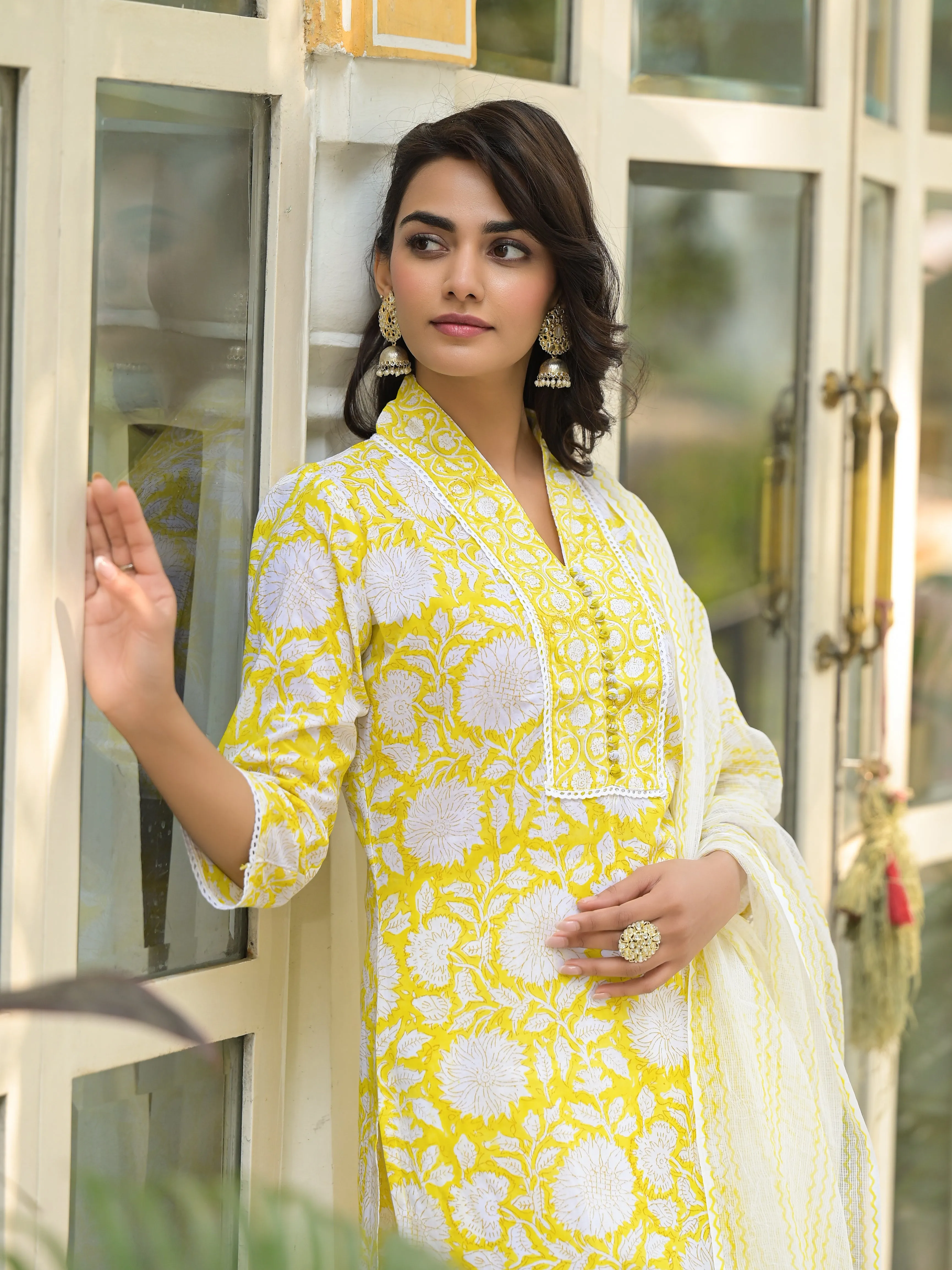 Divena Yellow Hand Block Print Pure Cotton Straight Kurta Set