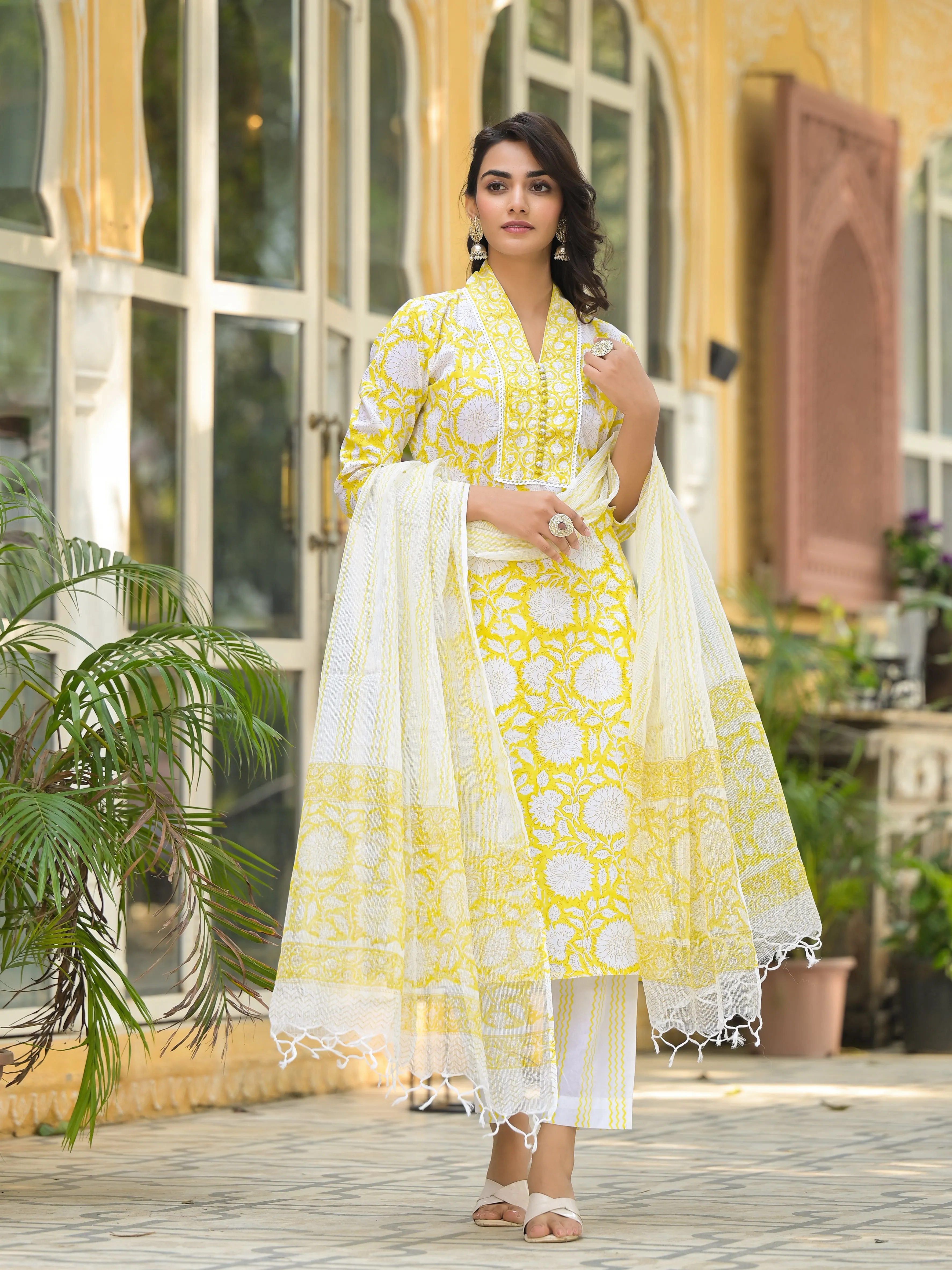 Divena Yellow Hand Block Print Pure Cotton Straight Kurta Set