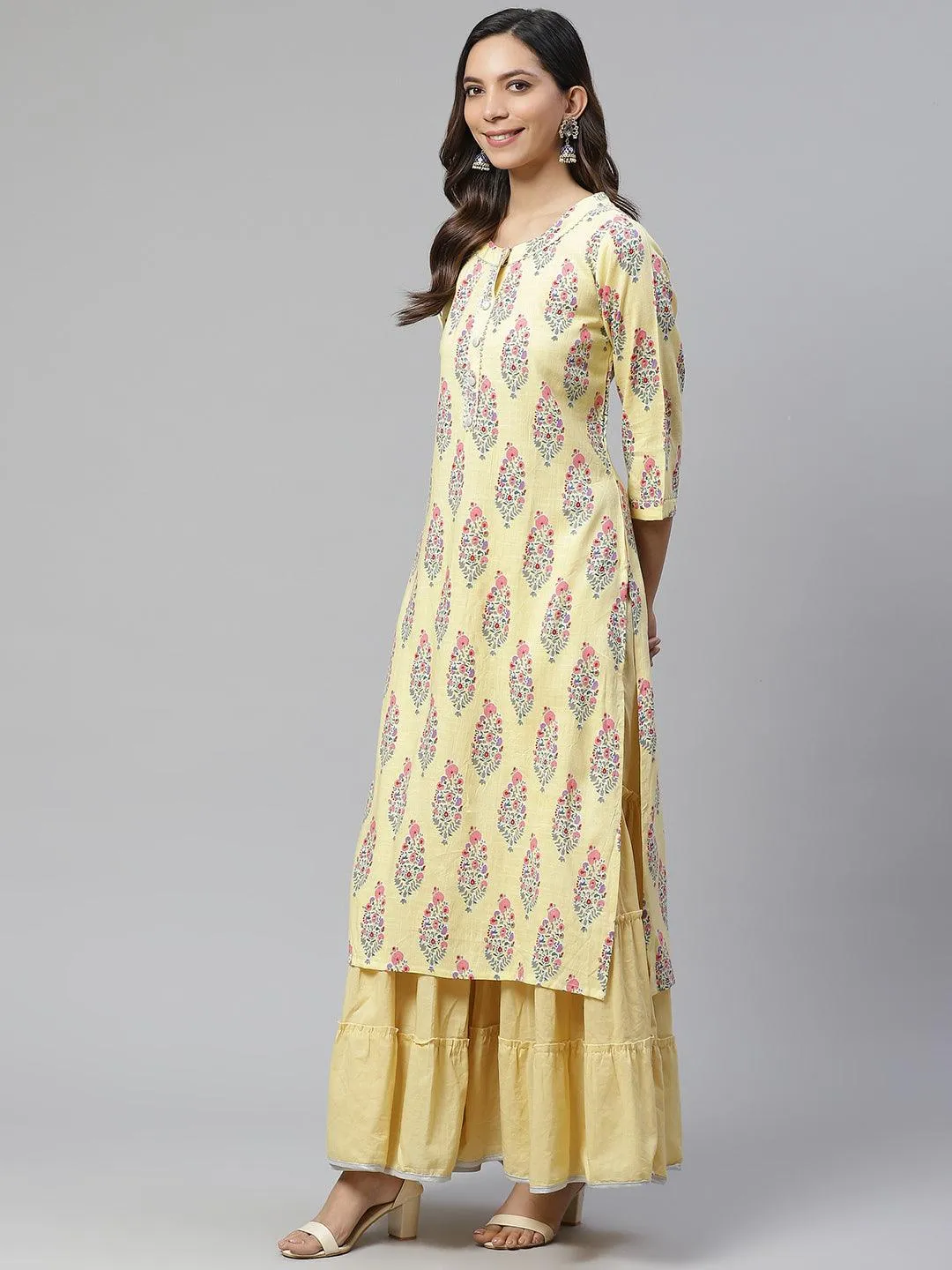 Divena Yellow Rayon Printed Kurti Sharara Set