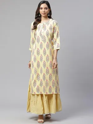 Divena Yellow Rayon Printed Kurti Sharara Set