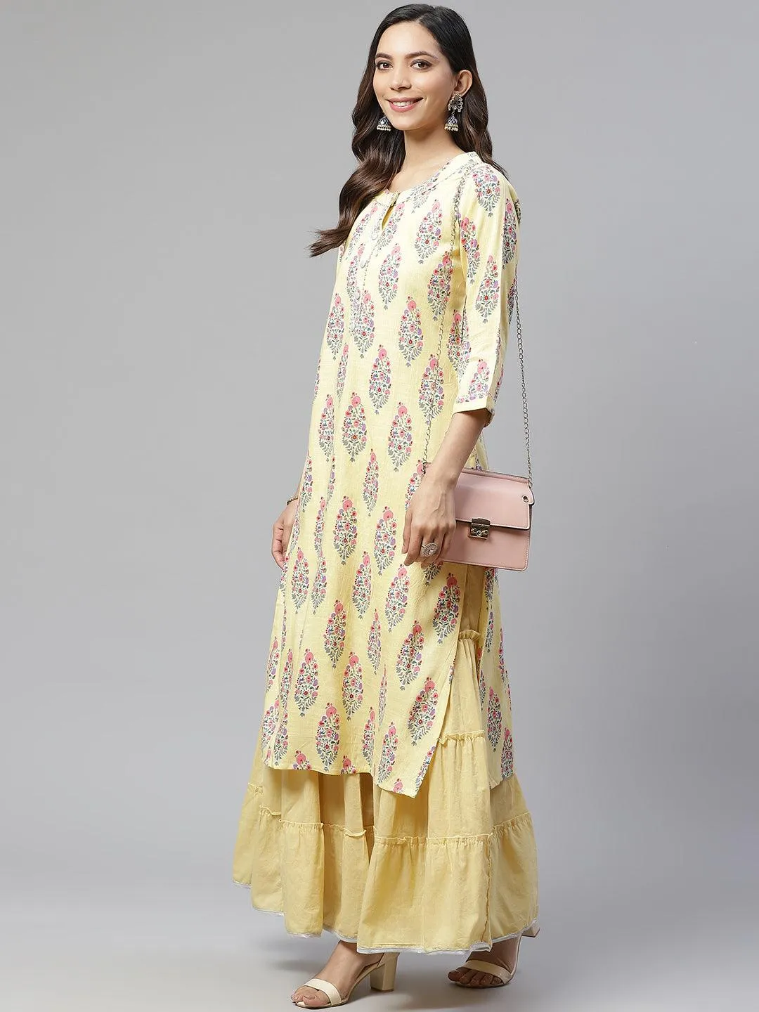 Divena Yellow Rayon Printed Kurti Sharara Set