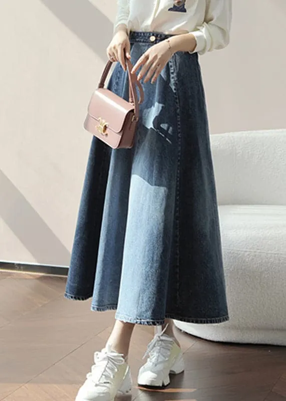 DIY Blue High Waist Sashes Denim A Line Skirts Fall