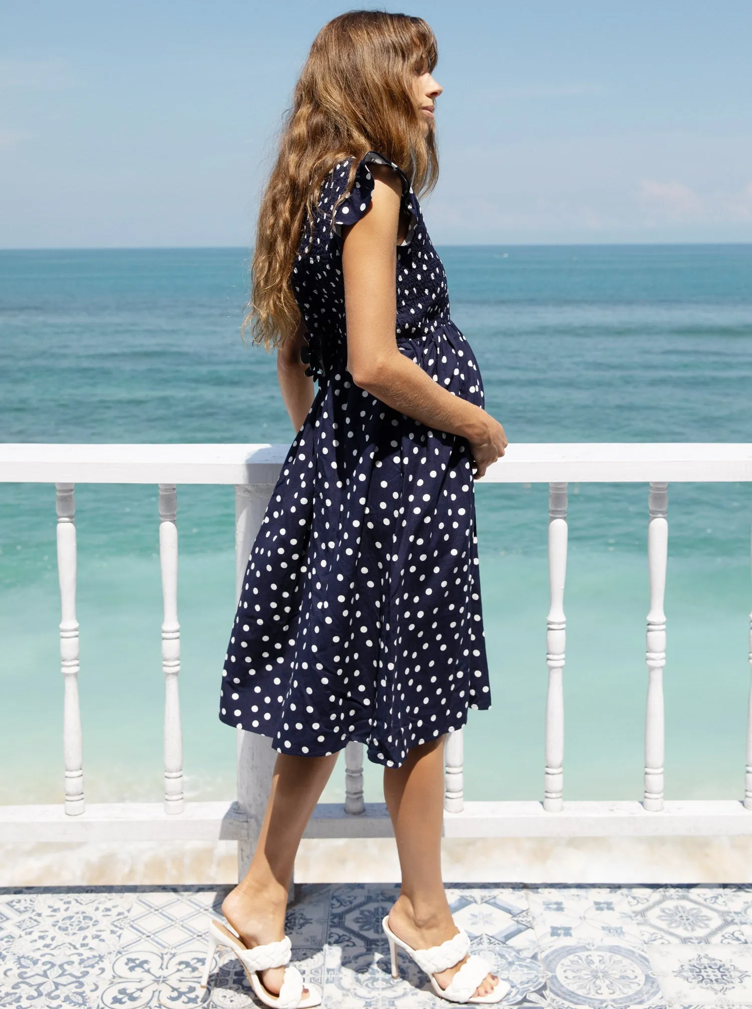 Donna Linen Navy Polka Dot Maternity Midi Dress